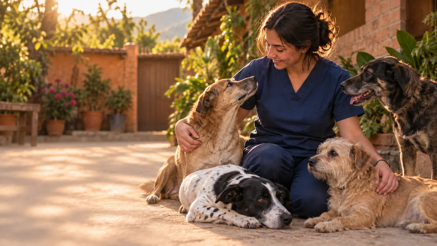 Veterinaria de una fundación rodeada de perros criollos en el patio del albergue
