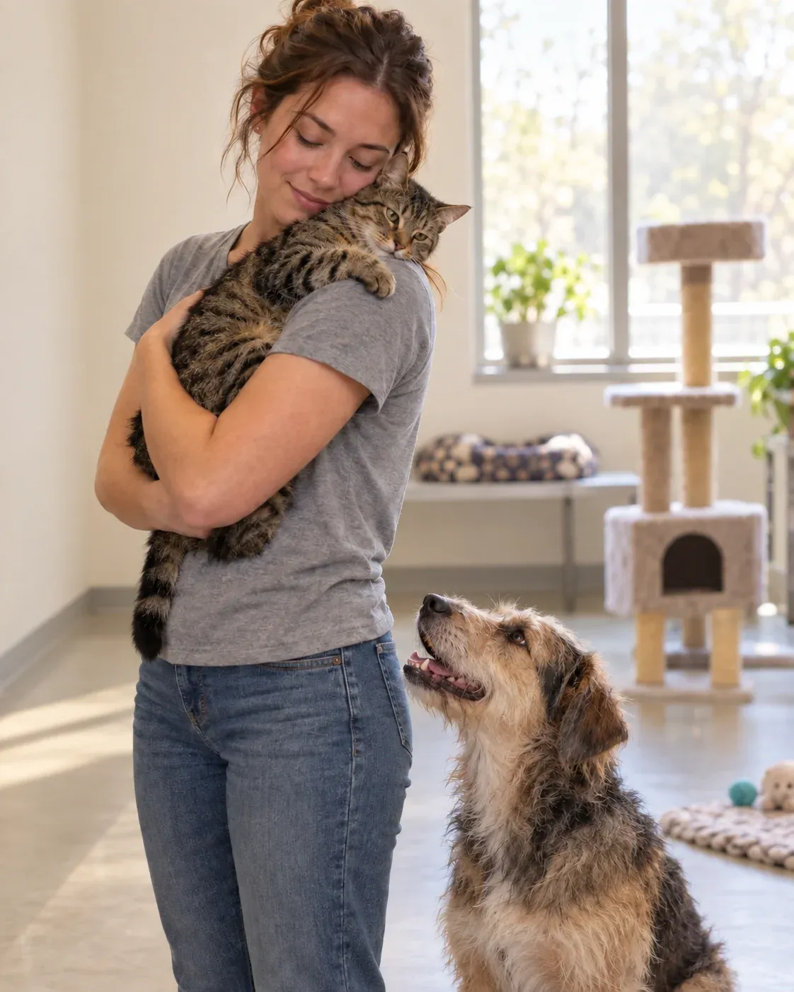 Voluntaria de un albergue con un gato en el hombro y un perro rescatado a sus pies