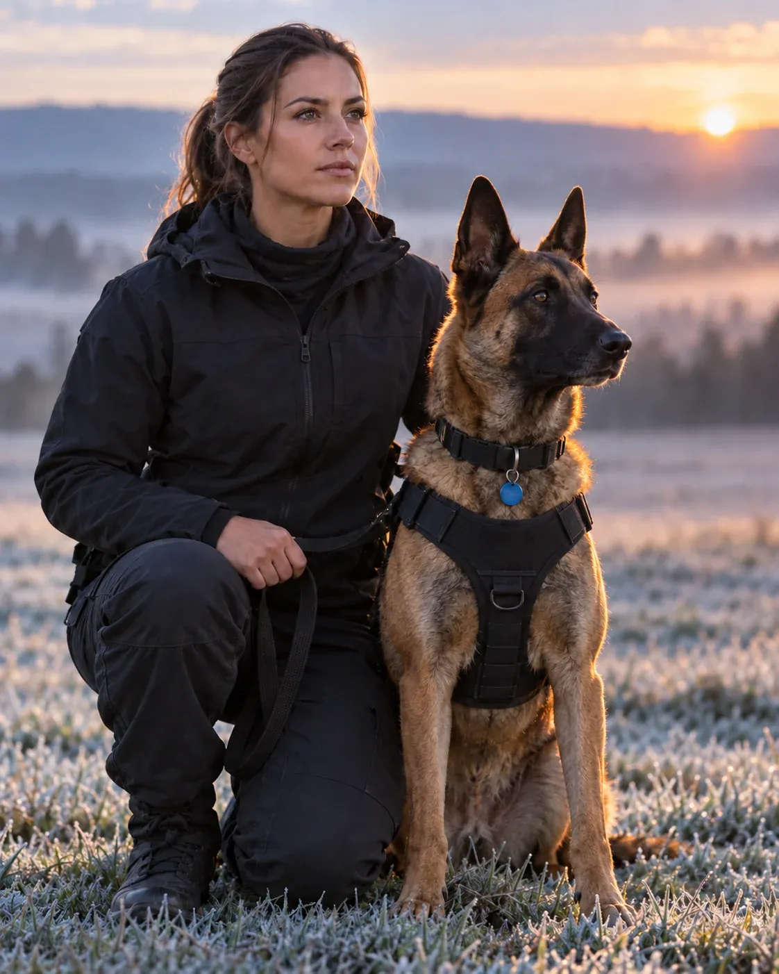 Guía canina con su perro de trabajo al amanecer, en campo abierto