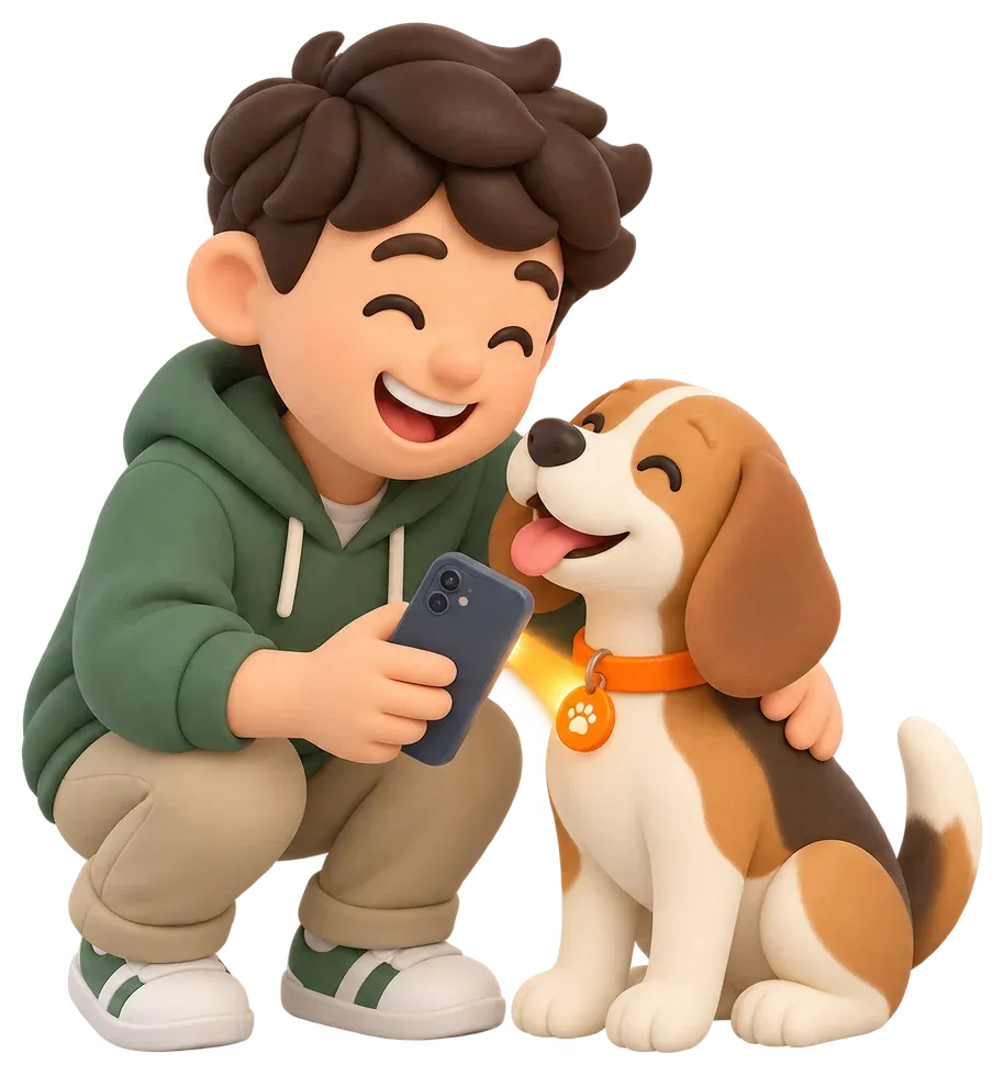 Alguien escanea con su celular la placa Rudel del collar de un beagle